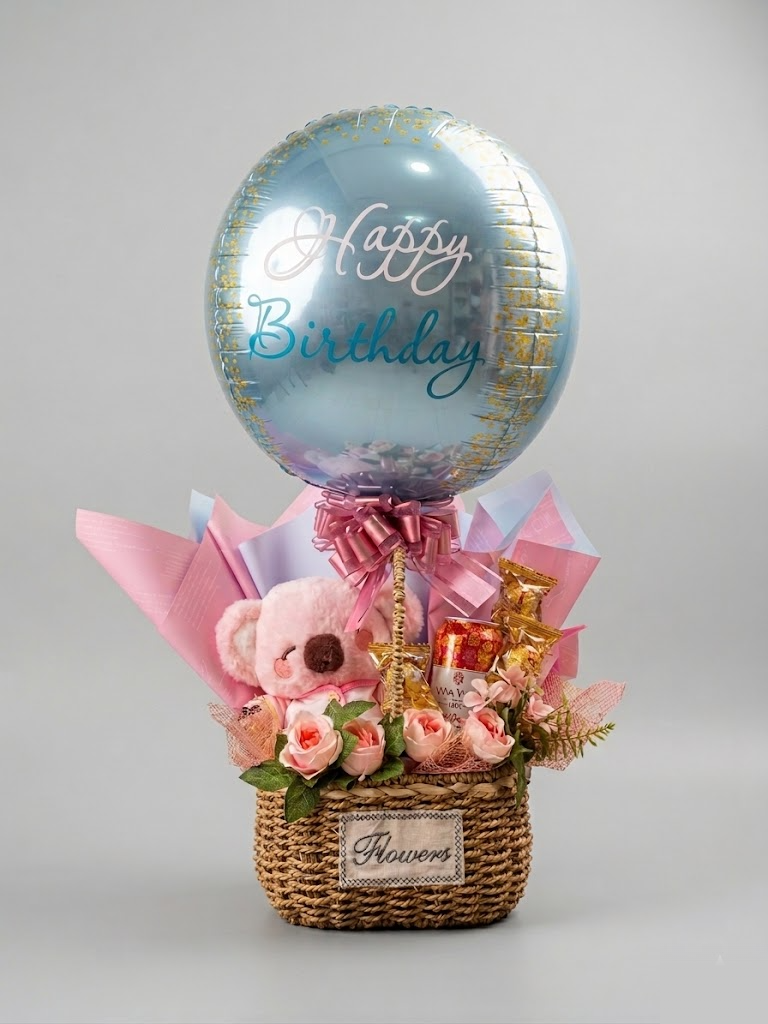 Canasta con koala y globo Happy Birthday